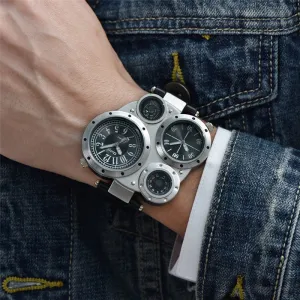 Oulm Male Watch Decorated Thermometer Compass Unique Designer Luxury Brand Men's Sport Watches Two Time Zone Men Wristwatch
