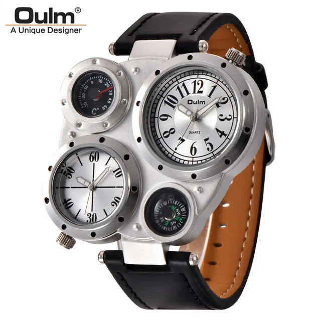 Oulm Male Watch Decorated Thermometer Compass Unique Designer Luxury Brand Men's Sport Watches Two Time Zone Men Wristwatch