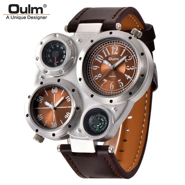Oulm Male Watch Decorated Thermometer Compass Unique Designer Luxury Brand Men's Sport Watches Two Time Zone Men Wristwatch