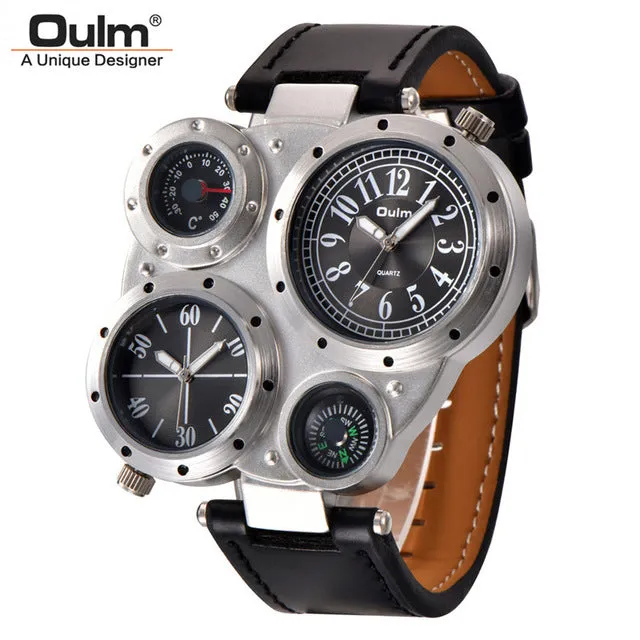 Oulm Male Watch Decorated Thermometer Compass Unique Designer Luxury Brand Men's Sport Watches Two Time Zone Men Wristwatch