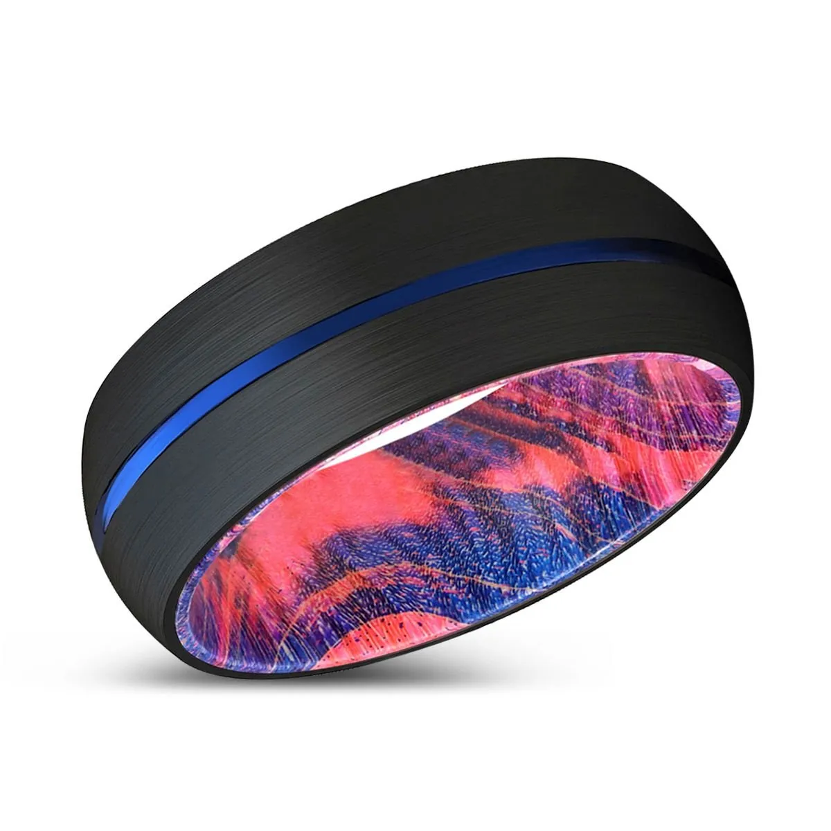 OWEIN | Blue & Red Wood, Black Tungsten Ring, Blue Groove, Domed