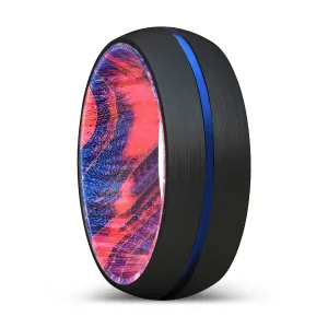 OWEIN | Blue & Red Wood, Black Tungsten Ring, Blue Groove, Domed