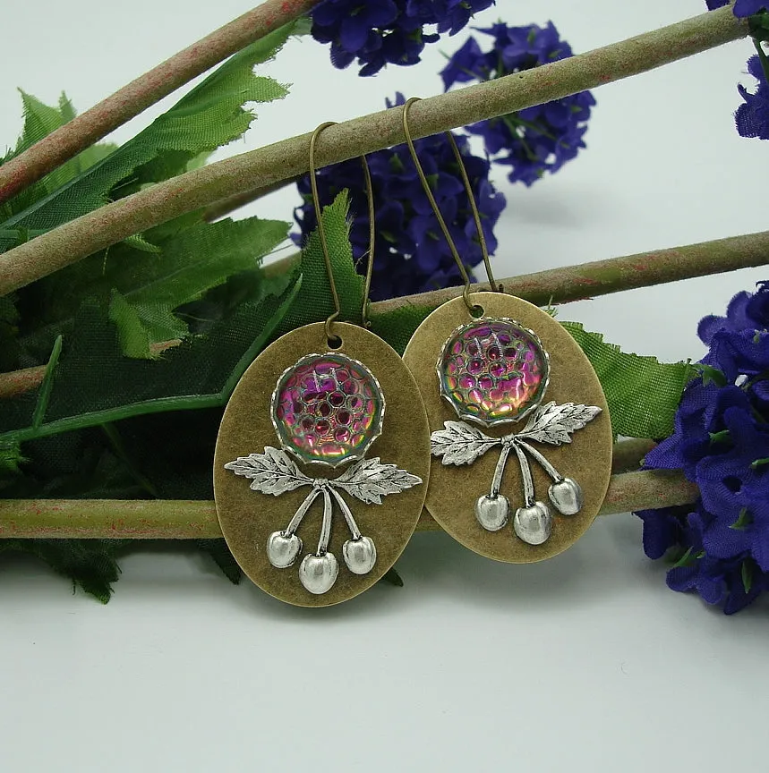 Ox Silver Cherry and Snakeskin Mosaic Cabochon on Ox Copper Oval Dangle Earrings.