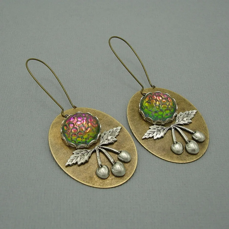 Ox Silver Cherry and Snakeskin Mosaic Cabochon on Ox Copper Oval Dangle Earrings.