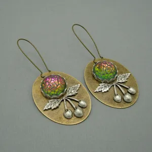 Ox Silver Cherry and Snakeskin Mosaic Cabochon on Ox Copper Oval Dangle Earrings.