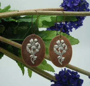 Ox Silver Flower on Ox Copper Oval Dangle Earrings.
