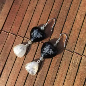 Painted Onyx Heart, Labradorite, Moonstone & sterling silver drop Earrings