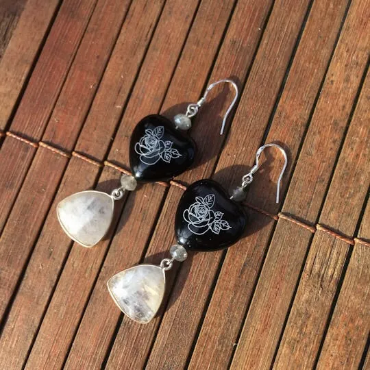 Painted Onyx Heart, Labradorite, Moonstone & sterling silver drop Earrings