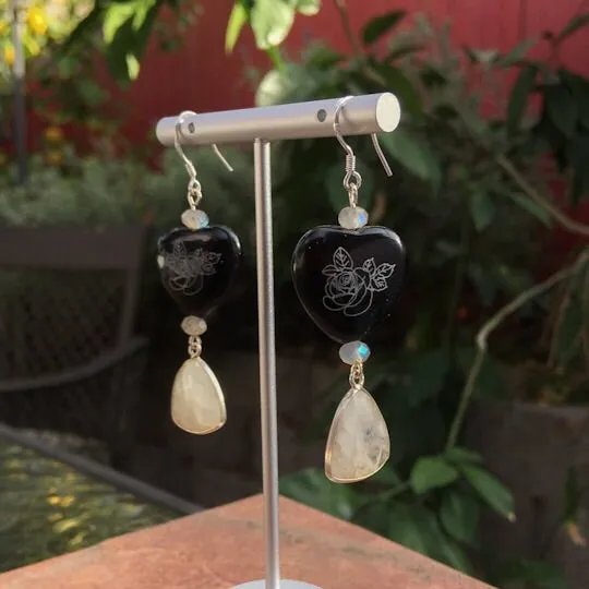Painted Onyx Heart, Labradorite, Moonstone & sterling silver drop Earrings