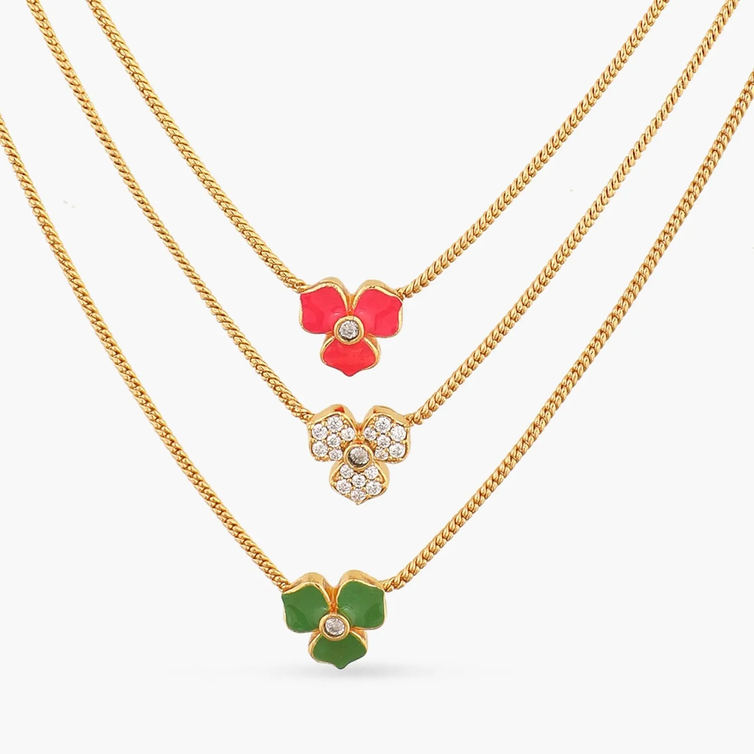 Pansy Floral CZ Statement Three Layer Necklace
