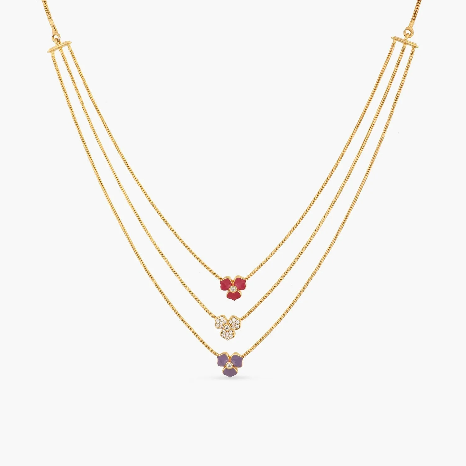 Pansy Floral CZ Statement Three Layer Necklace