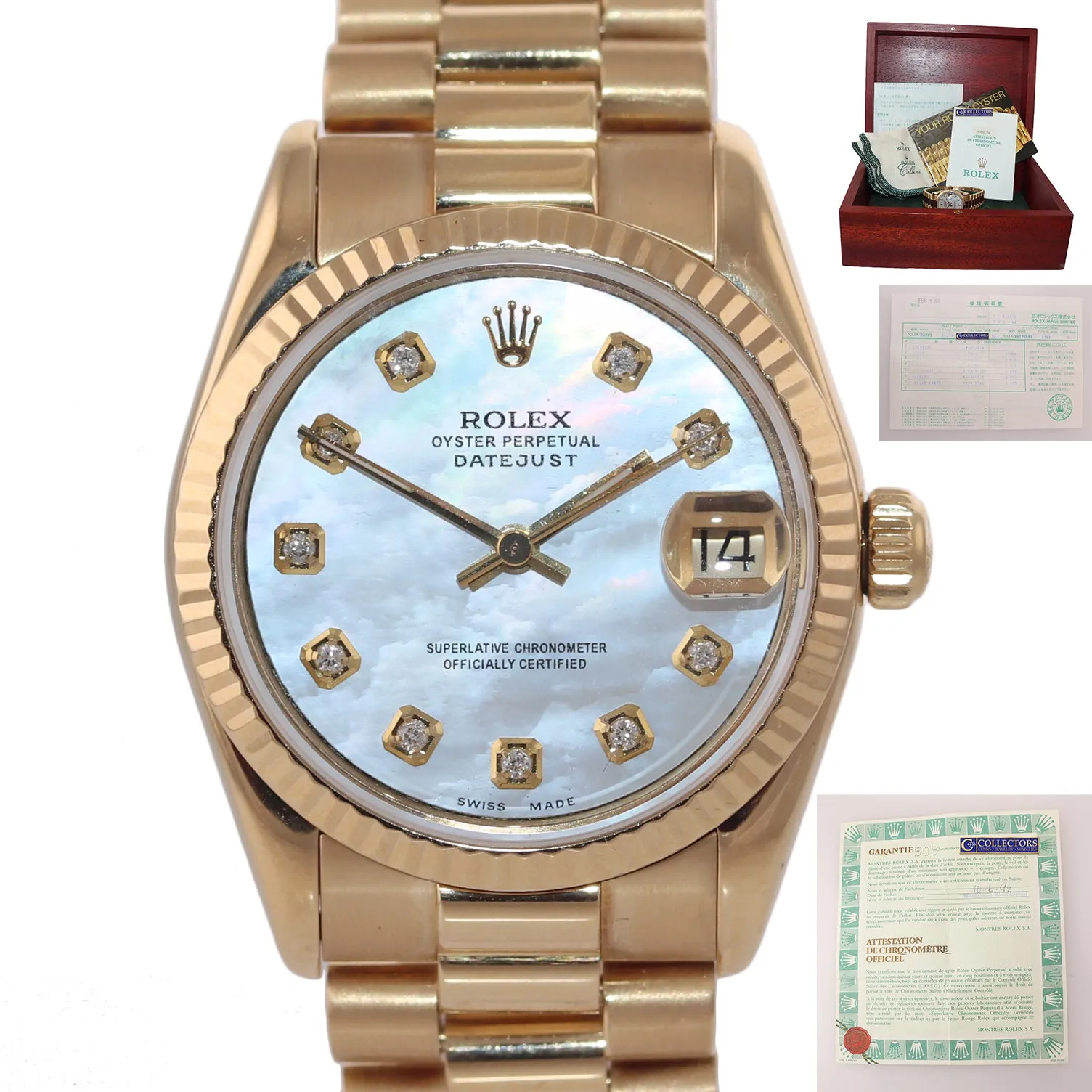 PAPERS MINT Rolex President 68278 Midsize 31mm 18k Gold MOP Diamond Watch Box