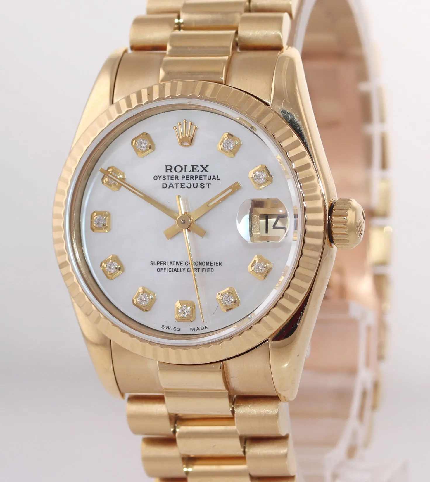 PAPERS MINT Rolex President 68278 Midsize 31mm 18k Gold MOP Diamond Watch Box