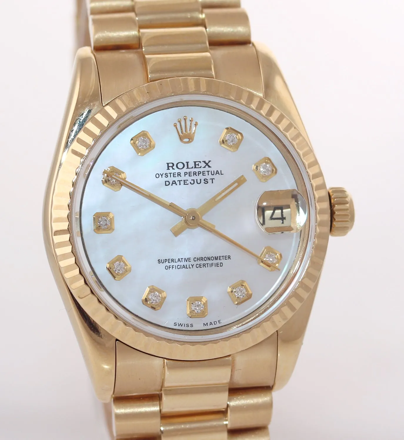 PAPERS MINT Rolex President 68278 Midsize 31mm 18k Gold MOP Diamond Watch Box