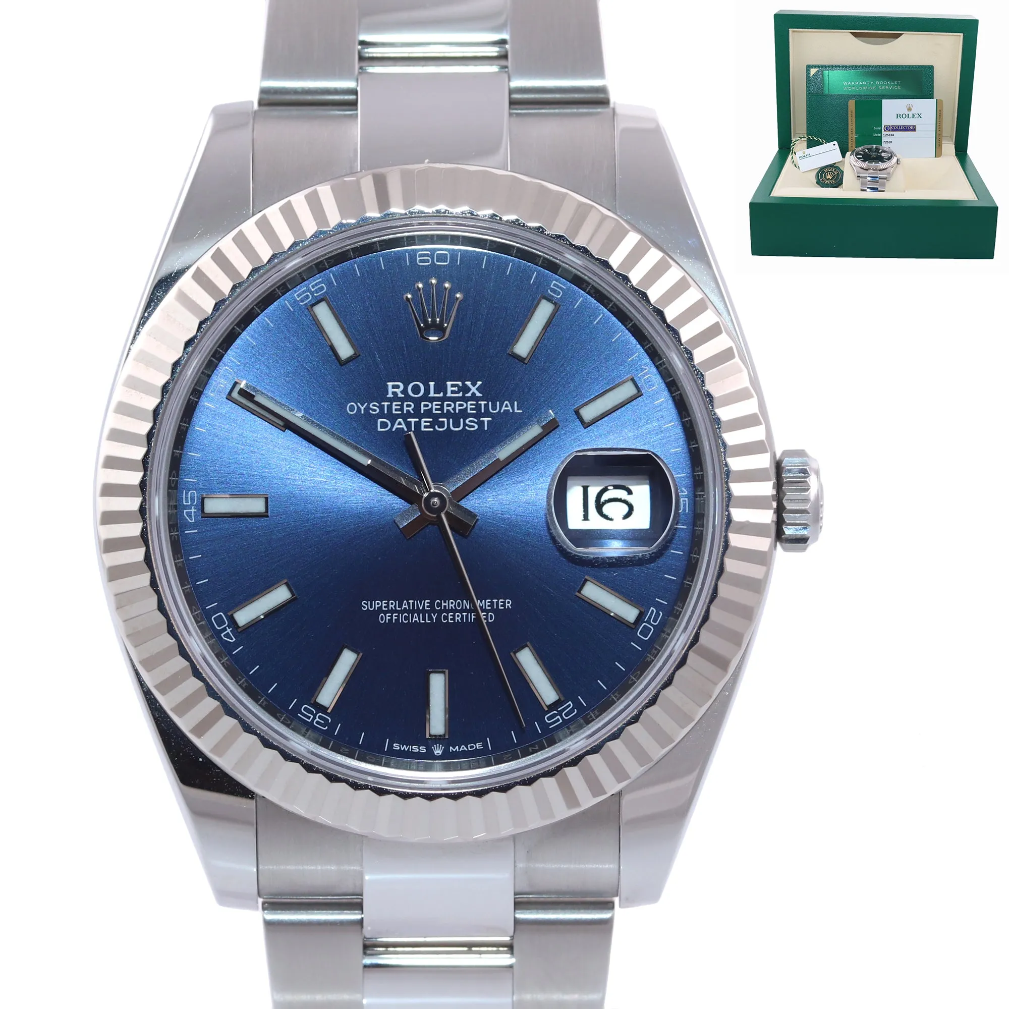 PAPERS NEW 2019 Rolex DateJust 41 126334 Blue Stick Dial Steel Fluted Watch Box