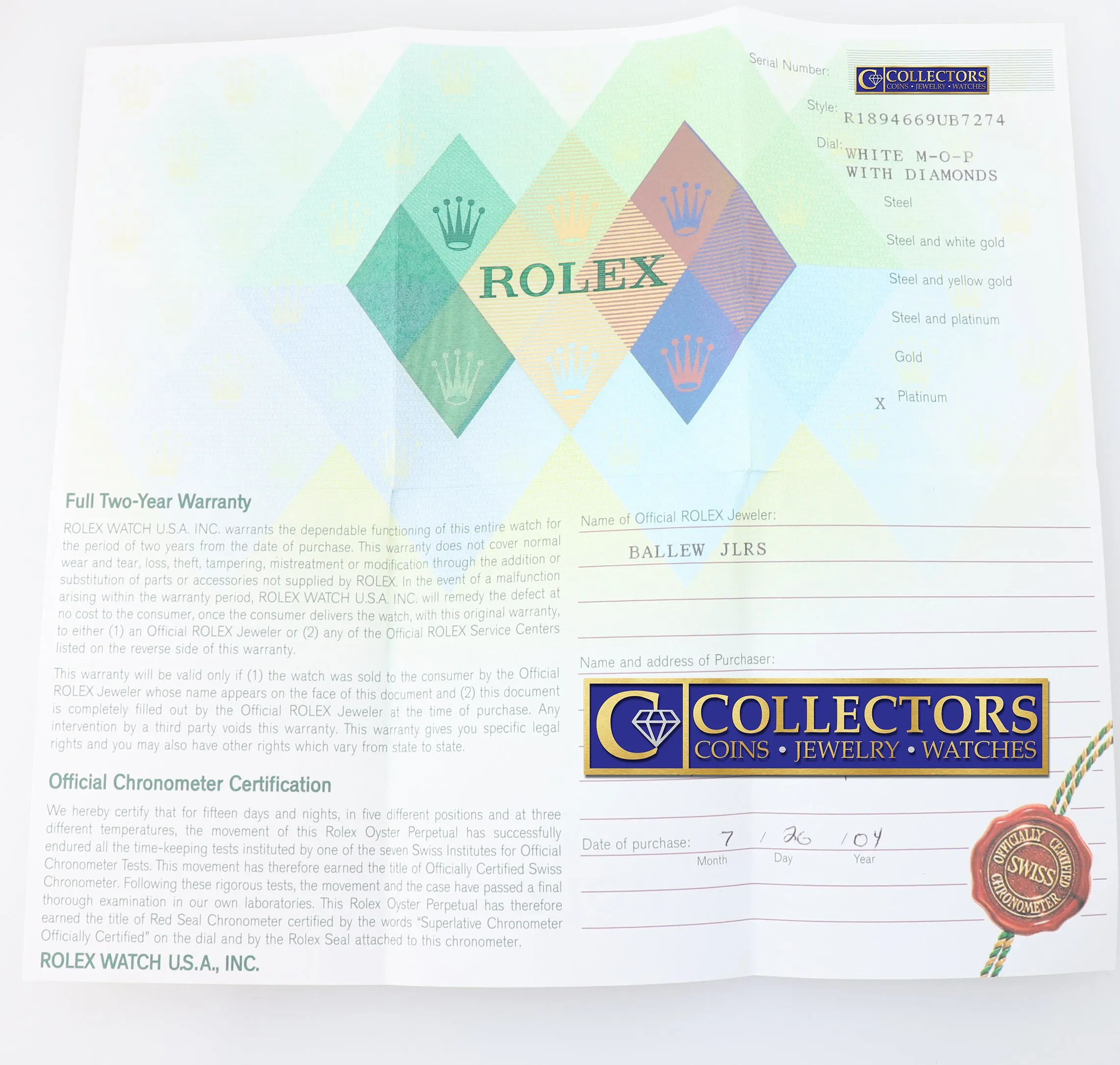 PAPERS Rolex Day-Date President 18946 MOP Diamond Bezel 39MM Platinum Watch Box