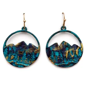 Patina Gold Wilderness Mountain Cutout Hook Dangle Earrings: