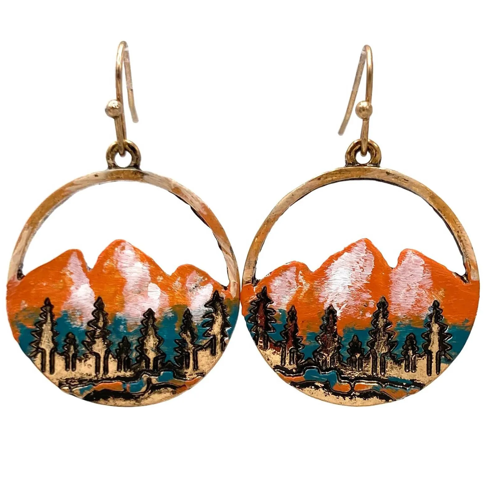 Patina Gold Wilderness Mountain Cutout Hook Dangle Earrings: