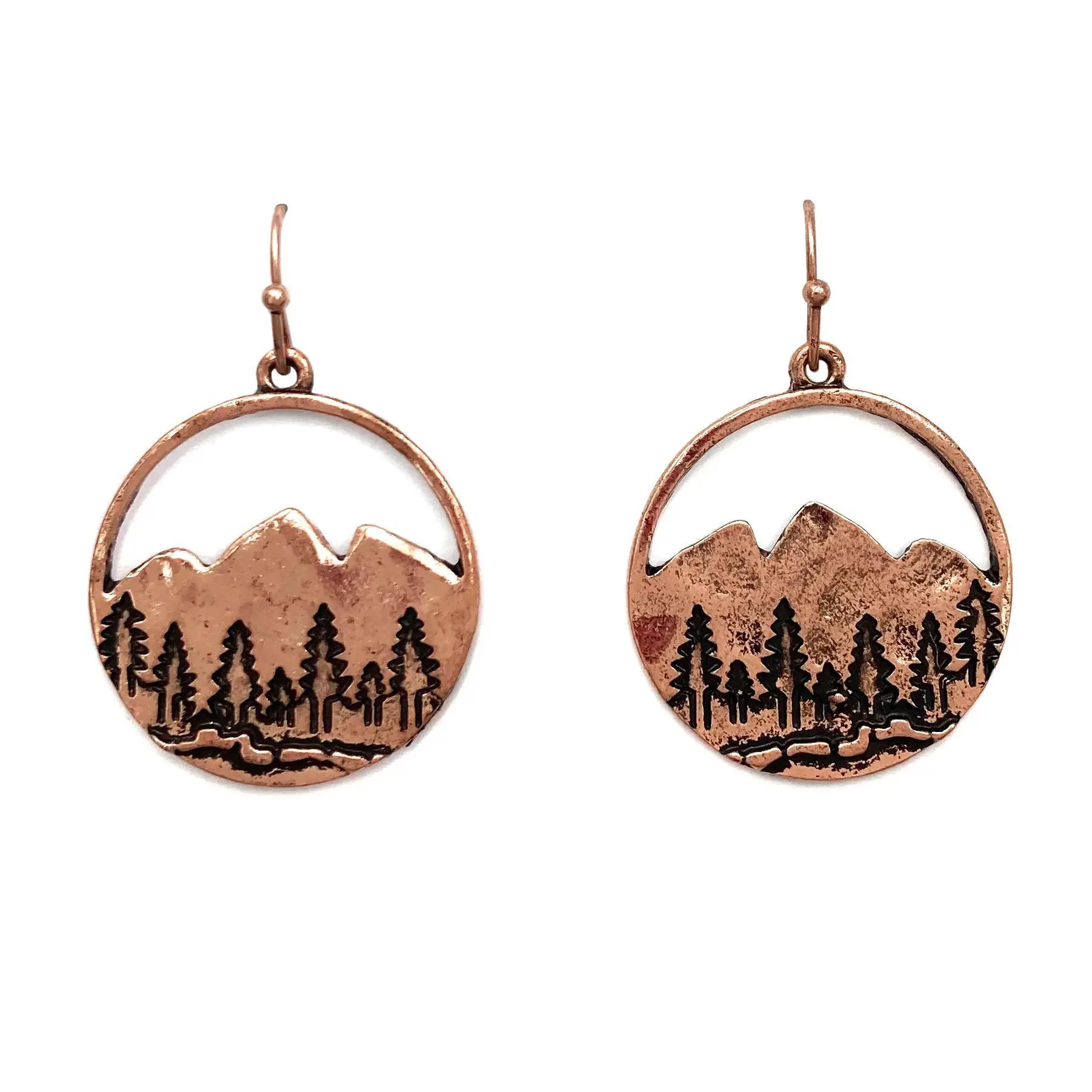 Patina Gold Wilderness Mountain Cutout Hook Dangle Earrings: