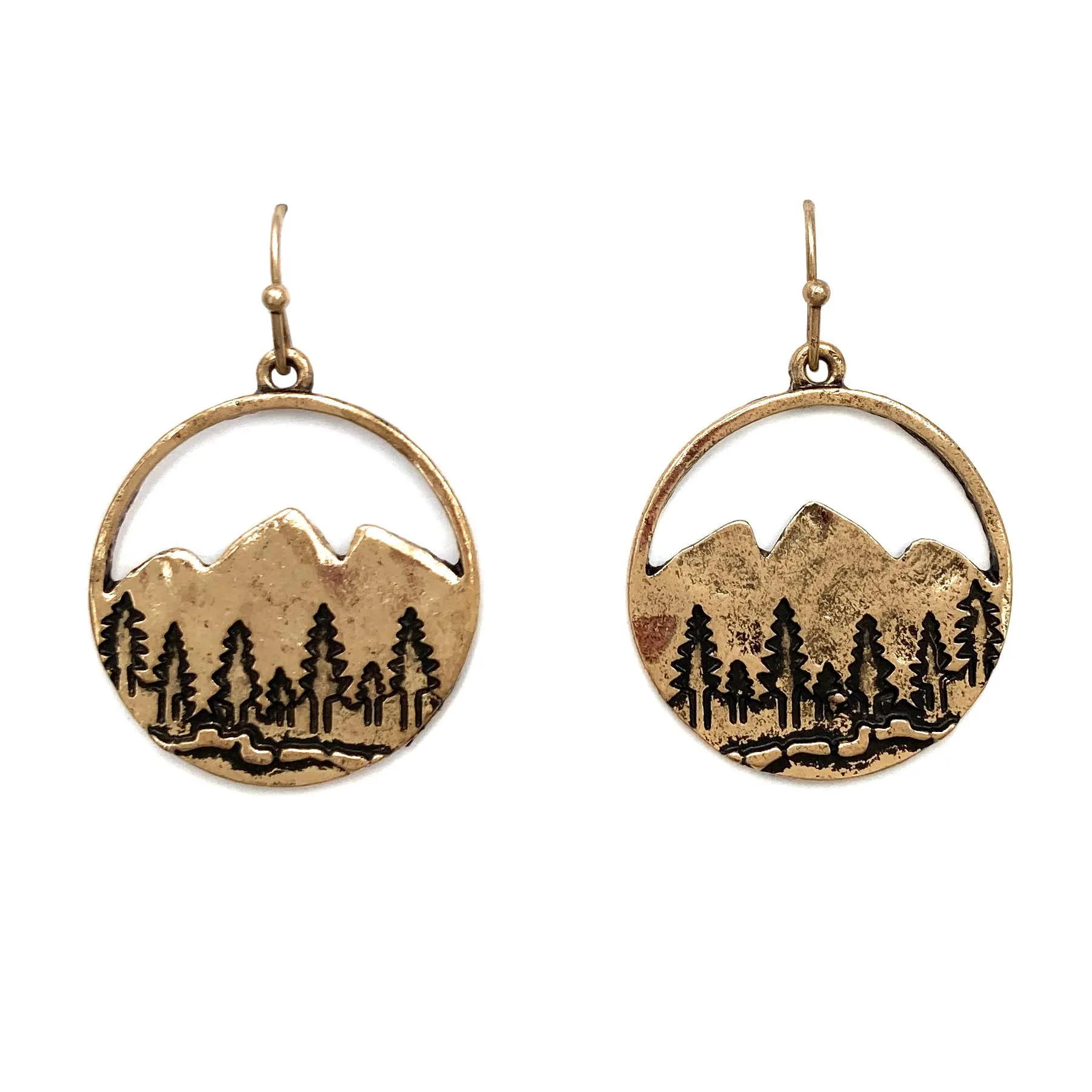 Patina Gold Wilderness Mountain Cutout Hook Dangle Earrings: