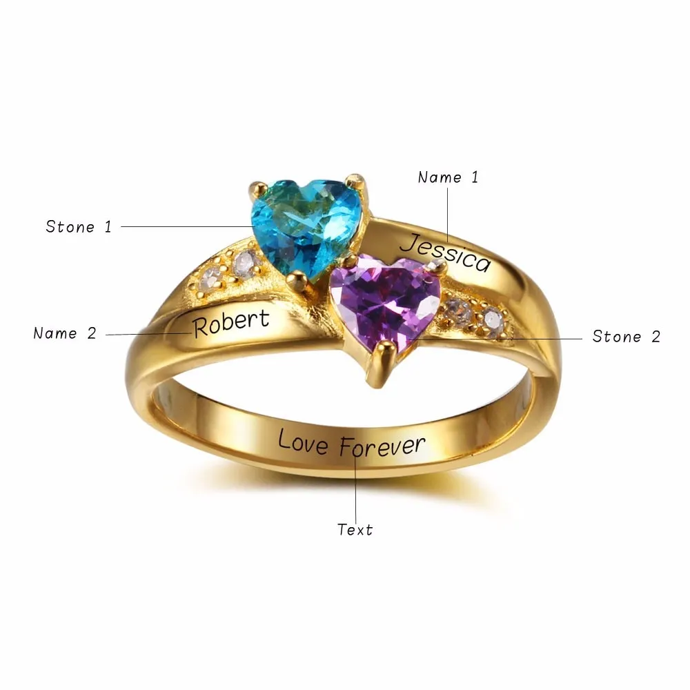 Personalized Name Ring 2 Heart Birthstone 925 Sterling Silver Cubic Zirconia Ring Birthday Gift Idea
