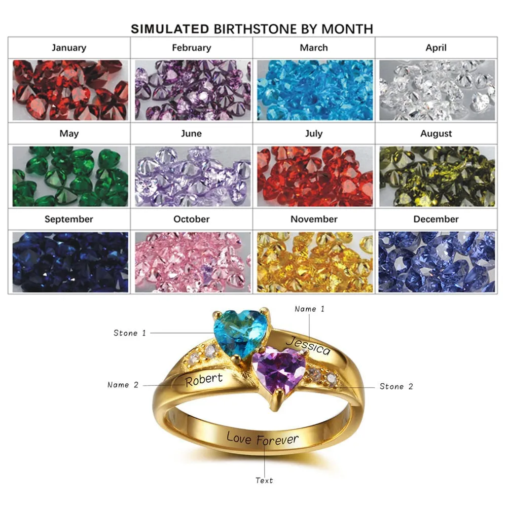 Personalized Name Ring 2 Heart Birthstone 925 Sterling Silver Cubic Zirconia Ring Birthday Gift Idea