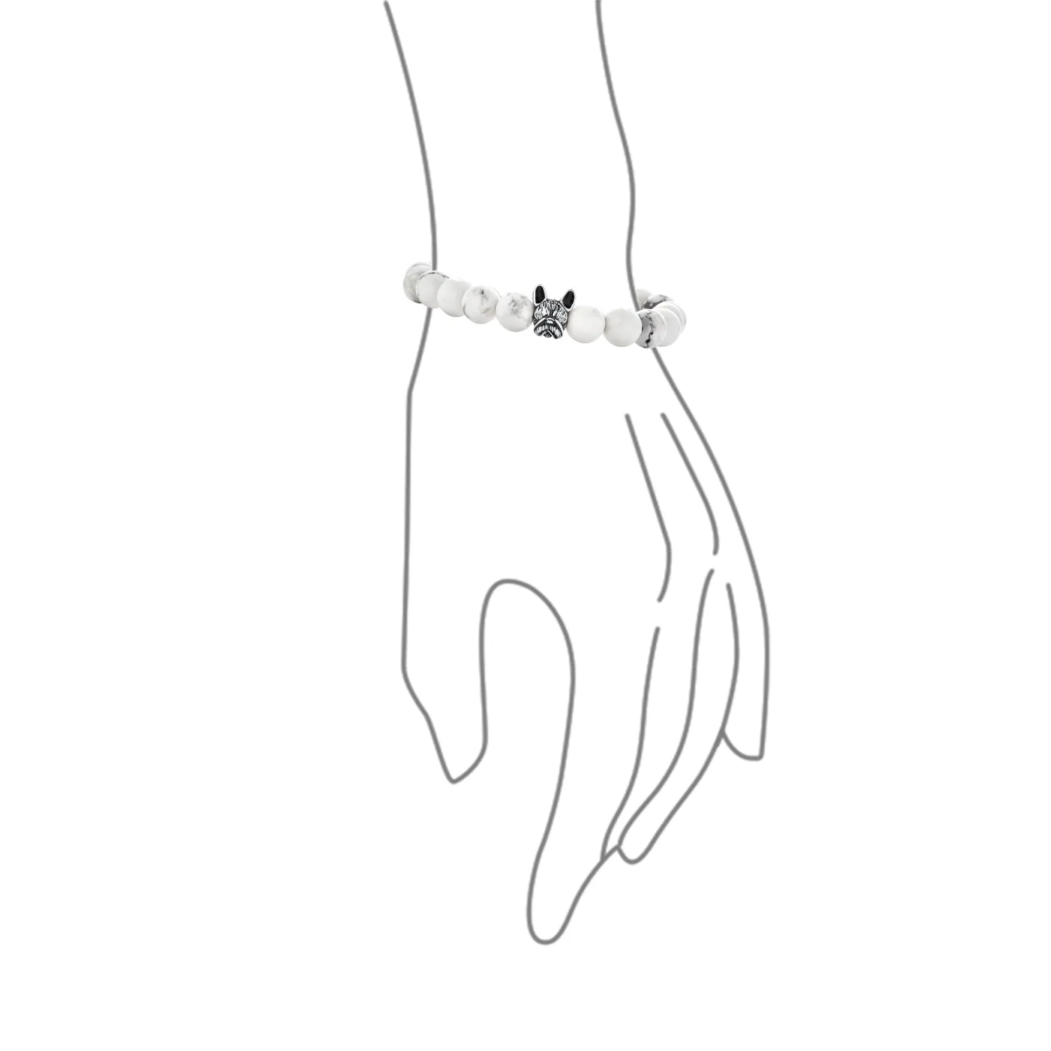 Pet Charm Frenchie Dog Gemstone Howlite Bead Stretch Bracelet Silver Plated