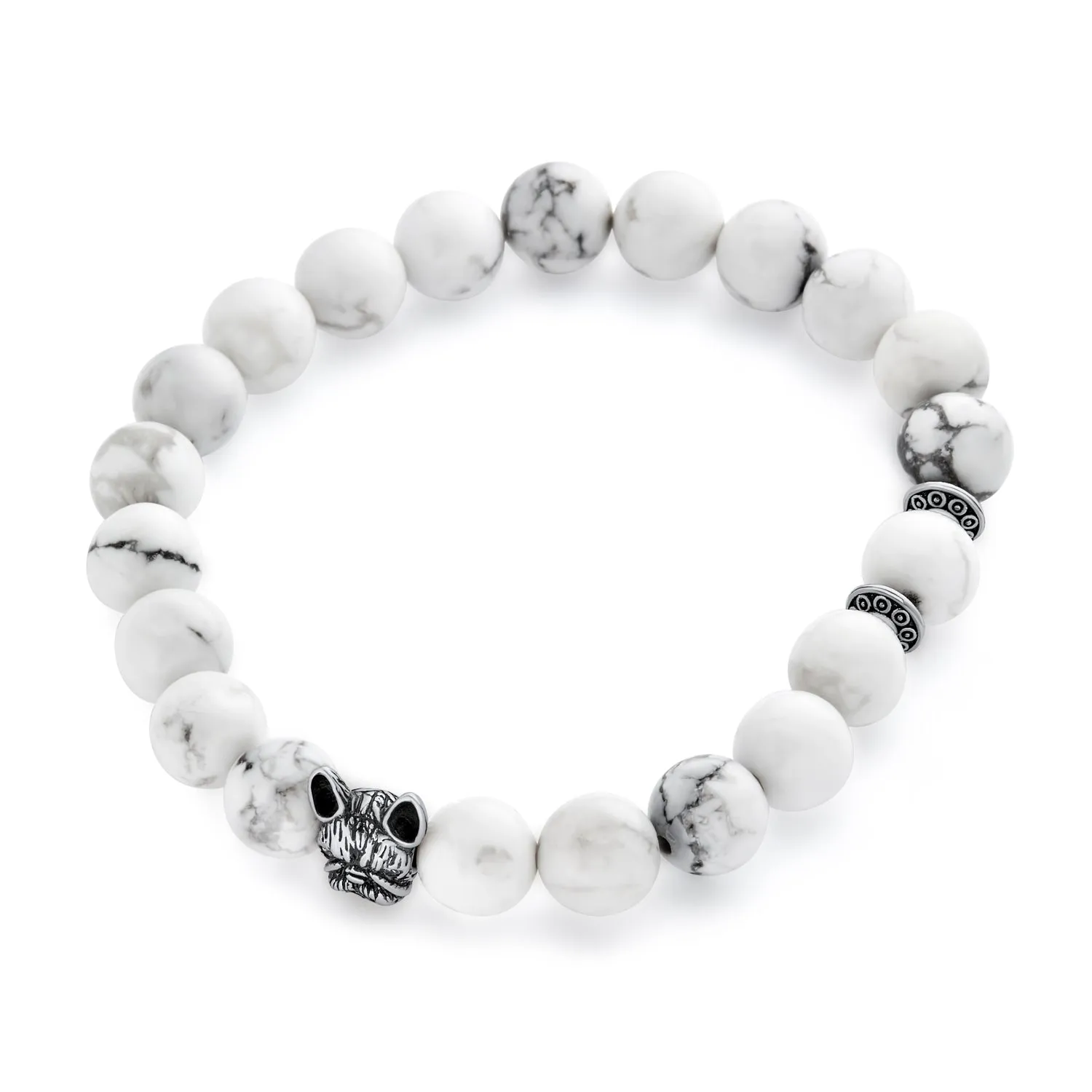 Pet Charm Frenchie Dog Gemstone Howlite Bead Stretch Bracelet Silver Plated