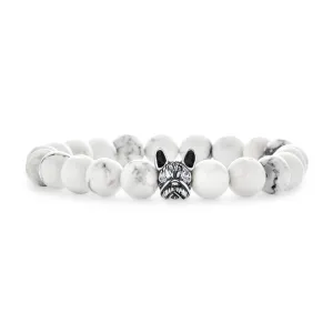 Pet Charm Frenchie Dog Gemstone Howlite Bead Stretch Bracelet Silver Plated