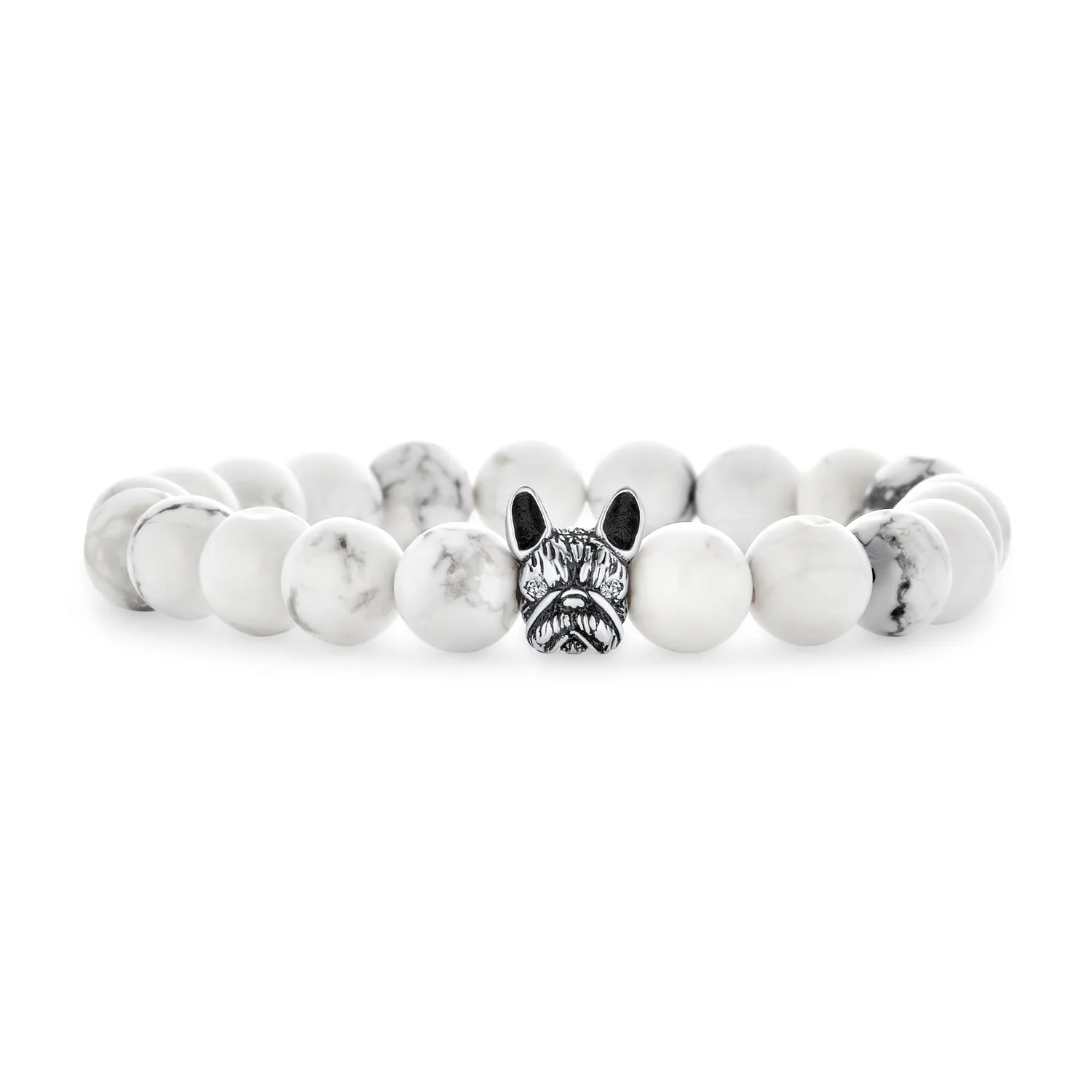Pet Charm Frenchie Dog Gemstone Howlite Bead Stretch Bracelet Silver Plated