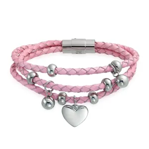 Pink or White Wrap Bracelet Braided Leather and Heart Charms Stainless Steel