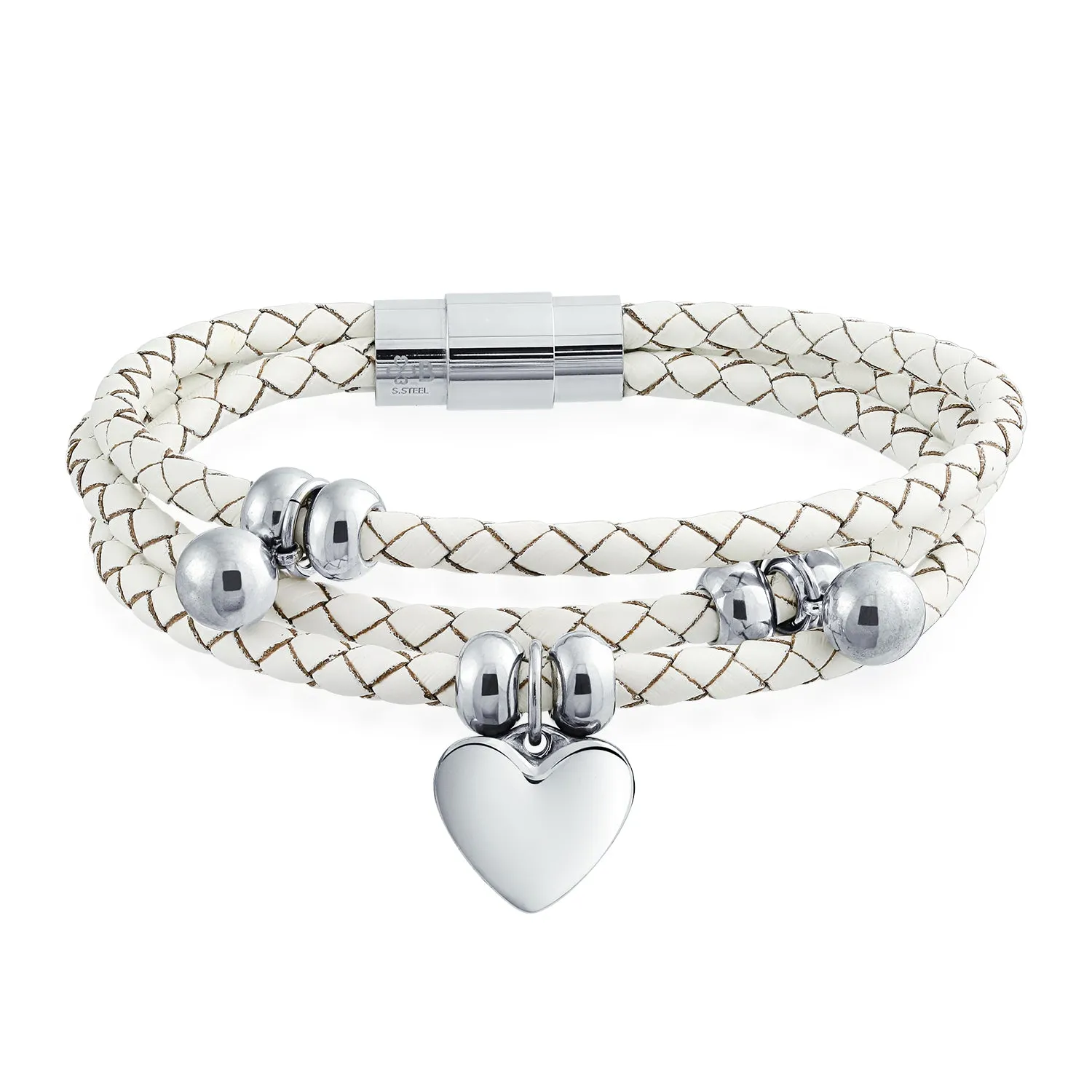 Pink or White Wrap Bracelet Braided Leather and Heart Charms Stainless Steel