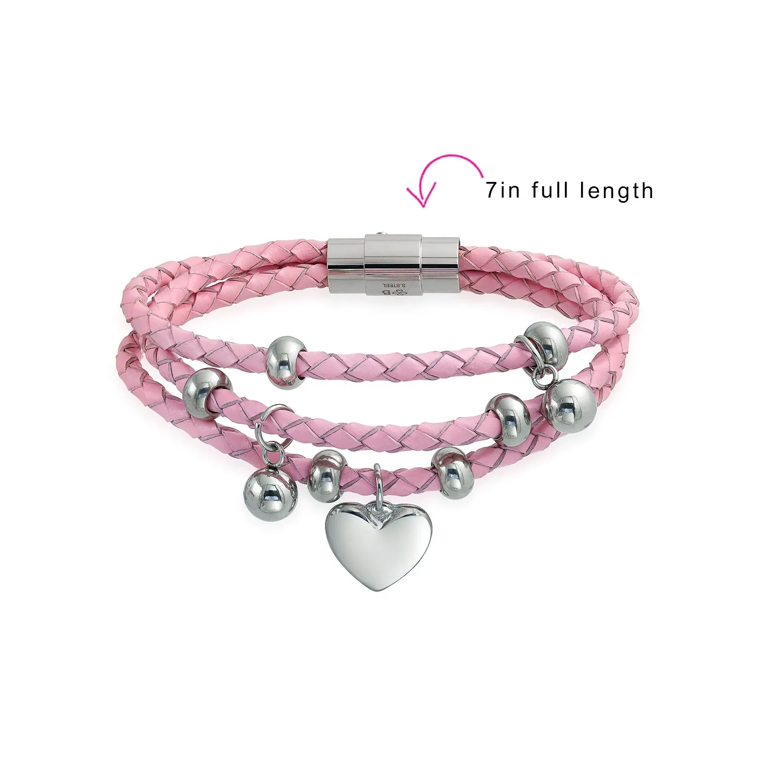Pink or White Wrap Bracelet Braided Leather and Heart Charms Stainless Steel