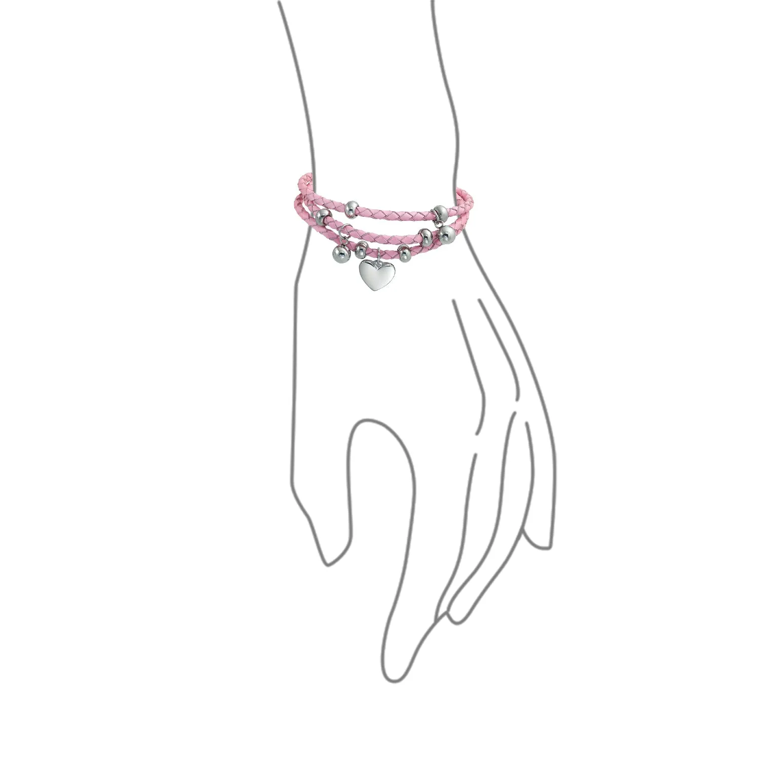 Pink or White Wrap Bracelet Braided Leather and Heart Charms Stainless Steel
