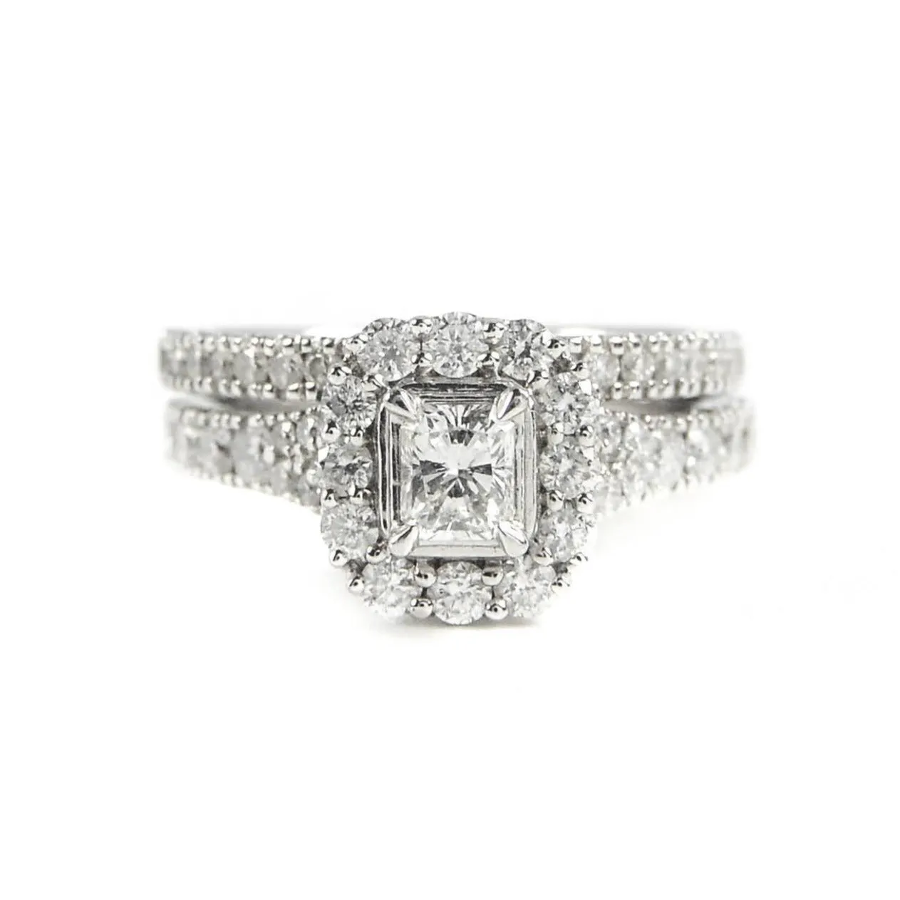 Platinum & 1.43ct Radiant Cut Diamond Halo Engagement & Bridal Wedding Ring Set Size : K
