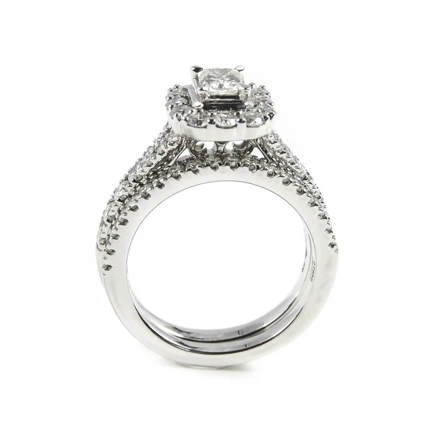 Platinum & 1.43ct Radiant Cut Diamond Halo Engagement & Bridal Wedding Ring Set Size : K