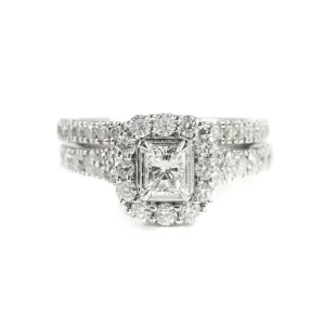 Platinum & 1.43ct Radiant Cut Diamond Halo Engagement & Bridal Wedding Ring Set Size : K