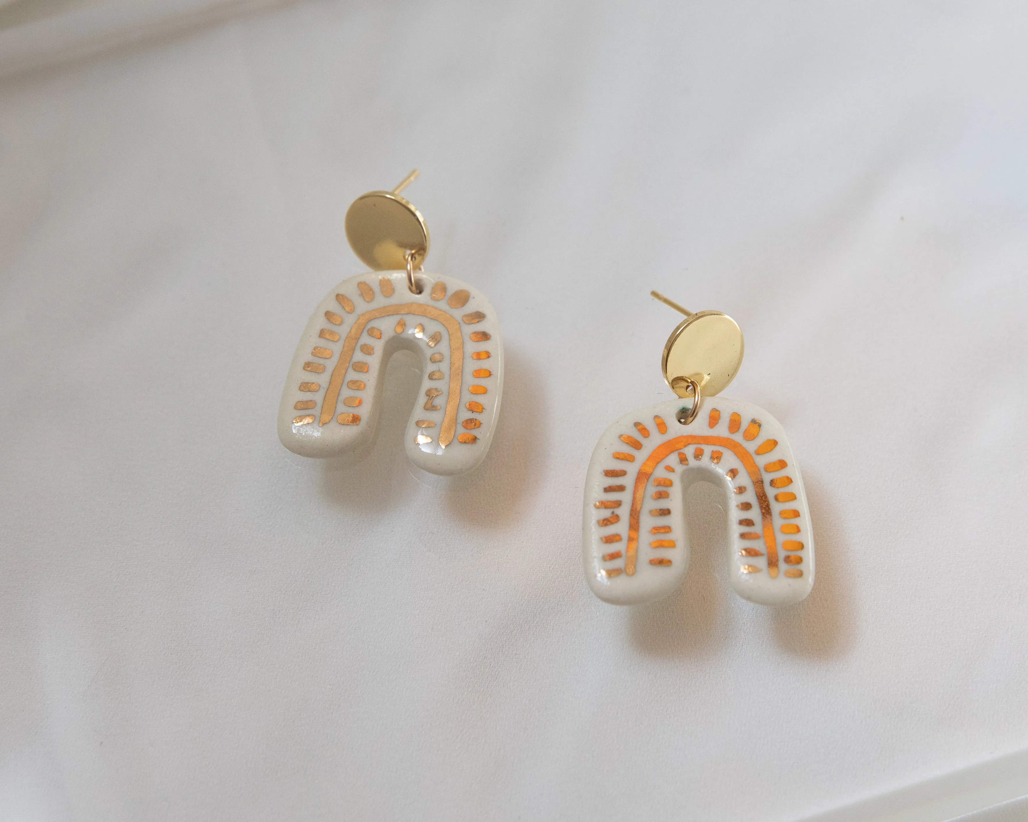 Porcelain and Gold White Drop Arch Earrings