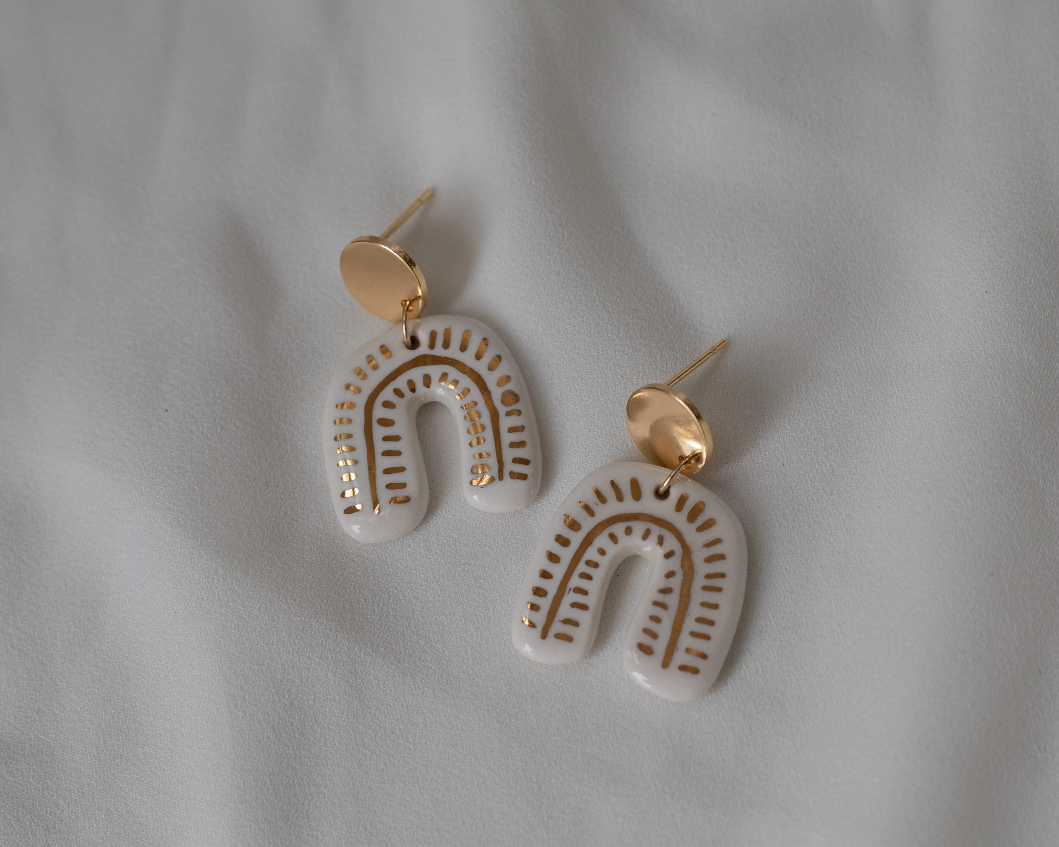 Porcelain and Gold White Drop Arch Earrings