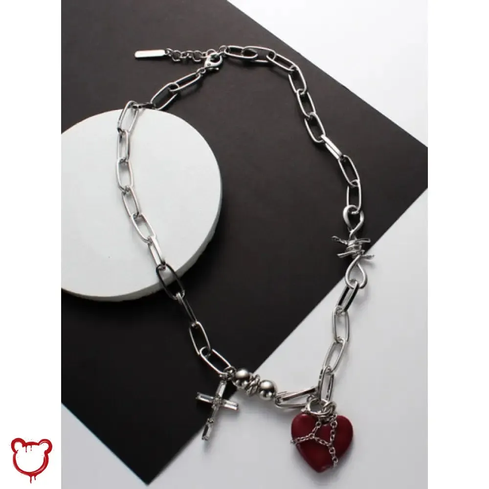"Cross Necklace: Red Heart Design"