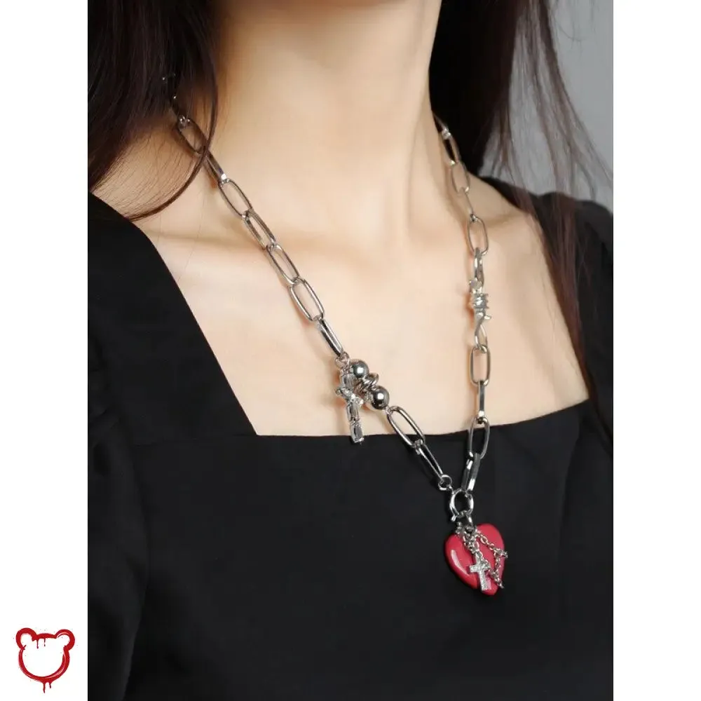 "Cross Necklace: Red Heart Design"