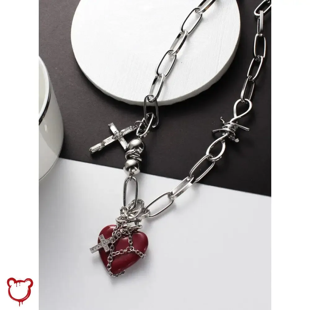 "Cross Necklace: Red Heart Design"