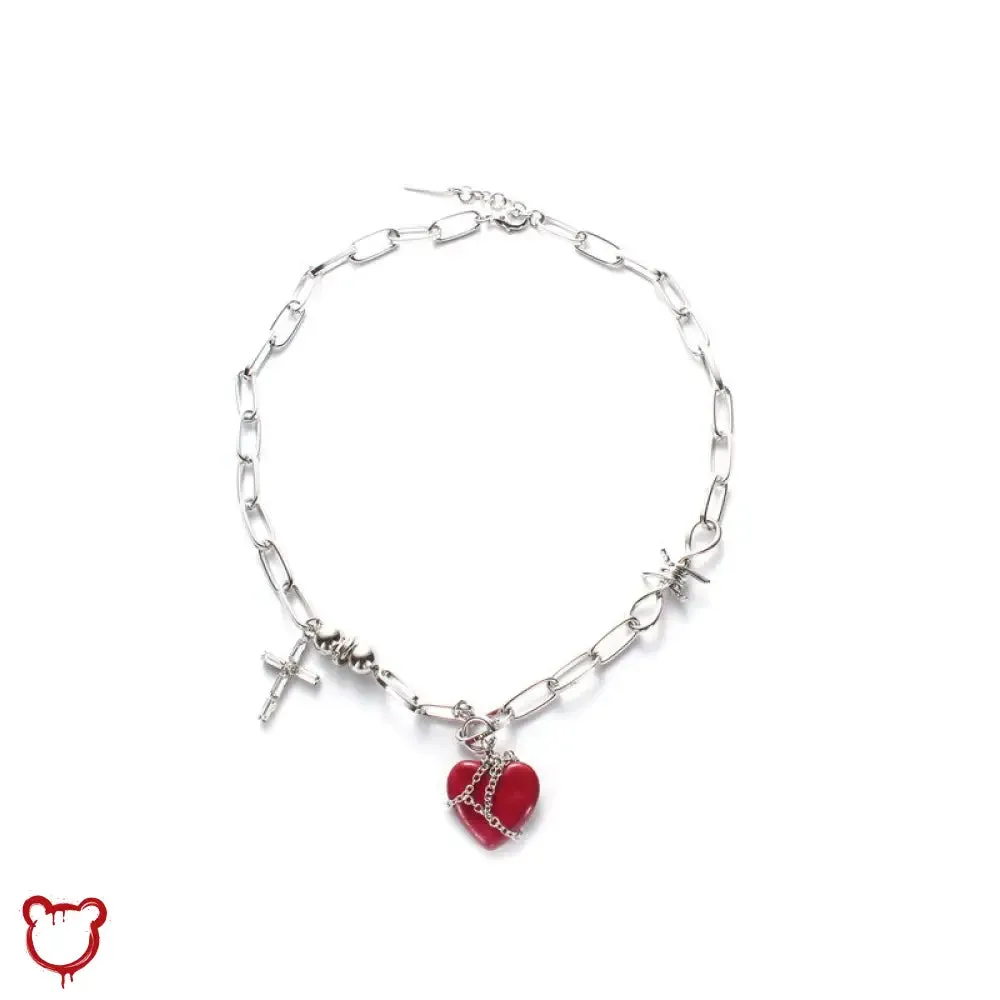"Cross Necklace: Red Heart Design"
