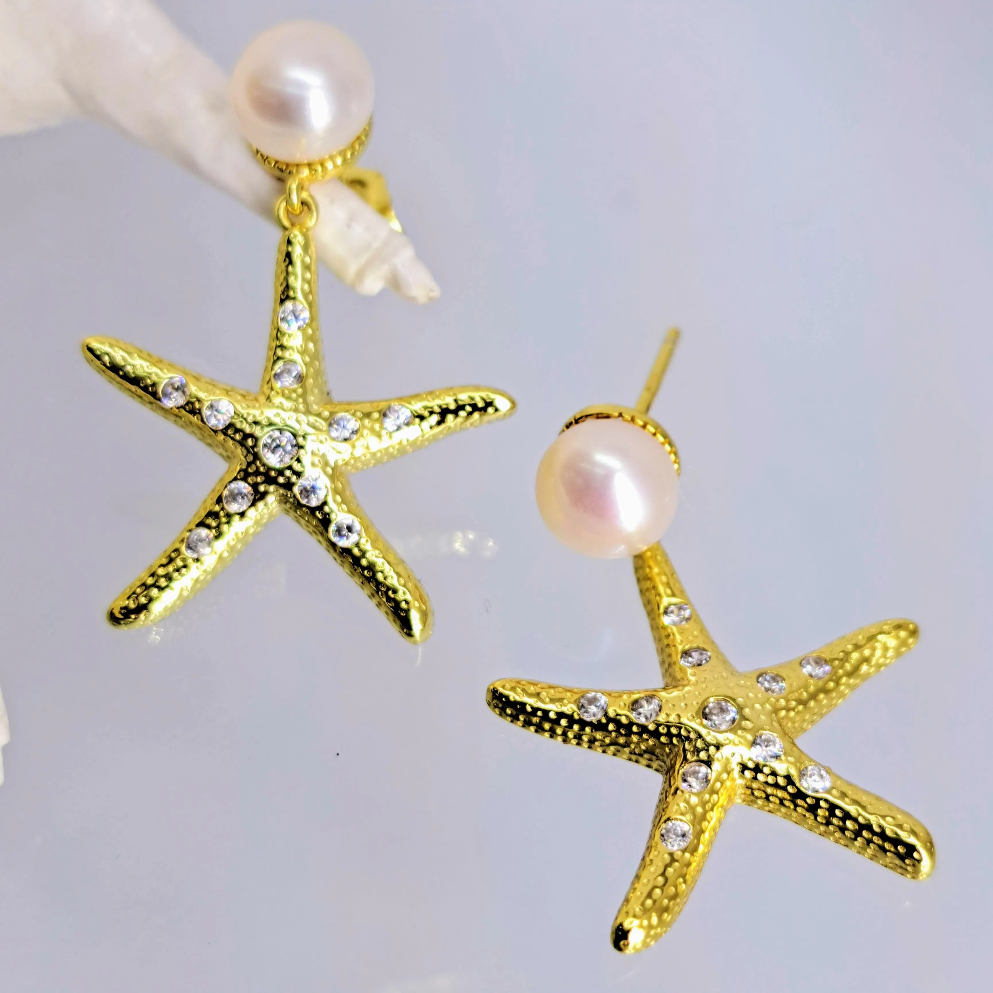 "Sea Stars" 1.5" Earrings - Pearl, White Topaz, Gold Sterling