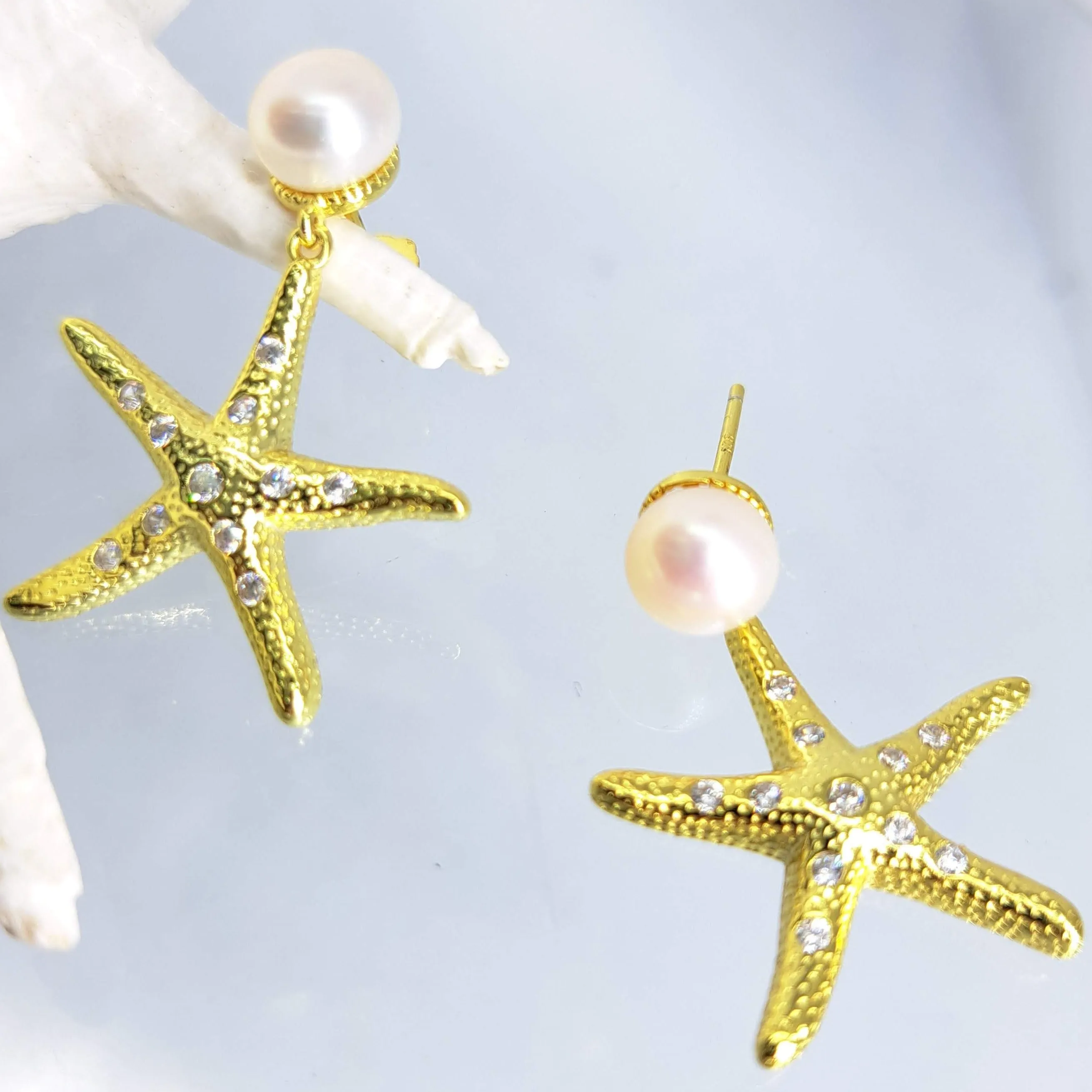 "Sea Stars" 1.5" Earrings - Pearl, White Topaz, Gold Sterling