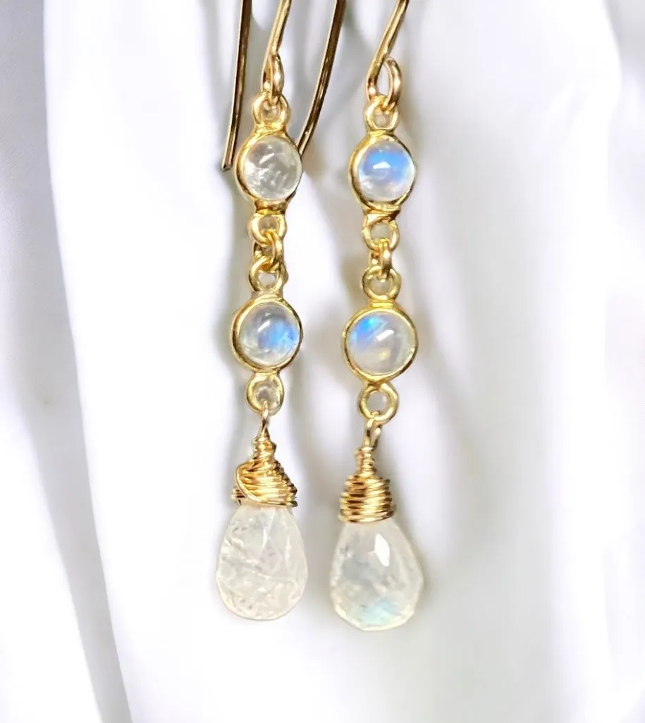 Rainbow Moonstone Double Dangle Earrings Gold Fill
