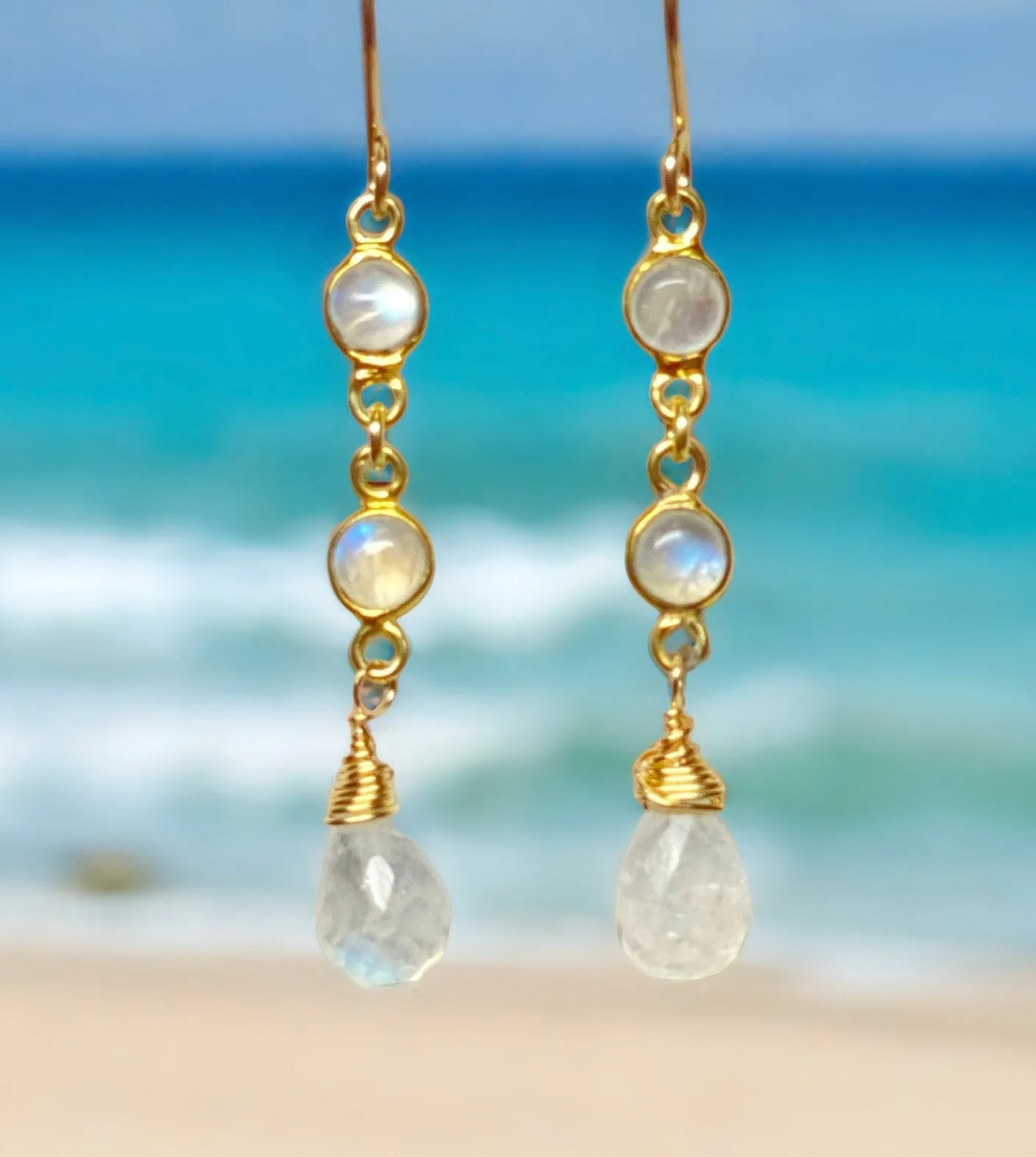 Rainbow Moonstone Double Dangle Earrings Gold Fill