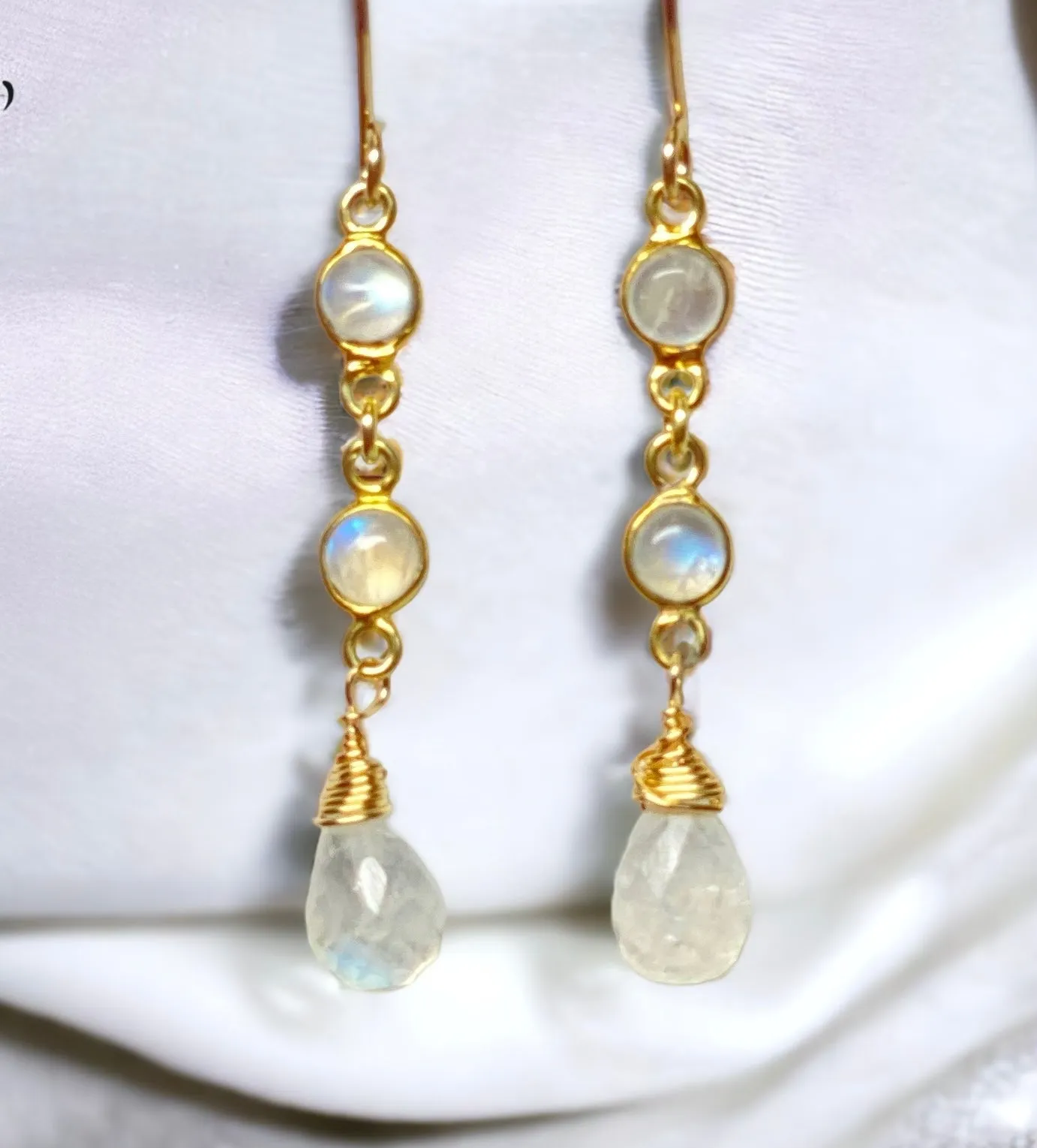 Rainbow Moonstone Double Dangle Earrings Gold Fill