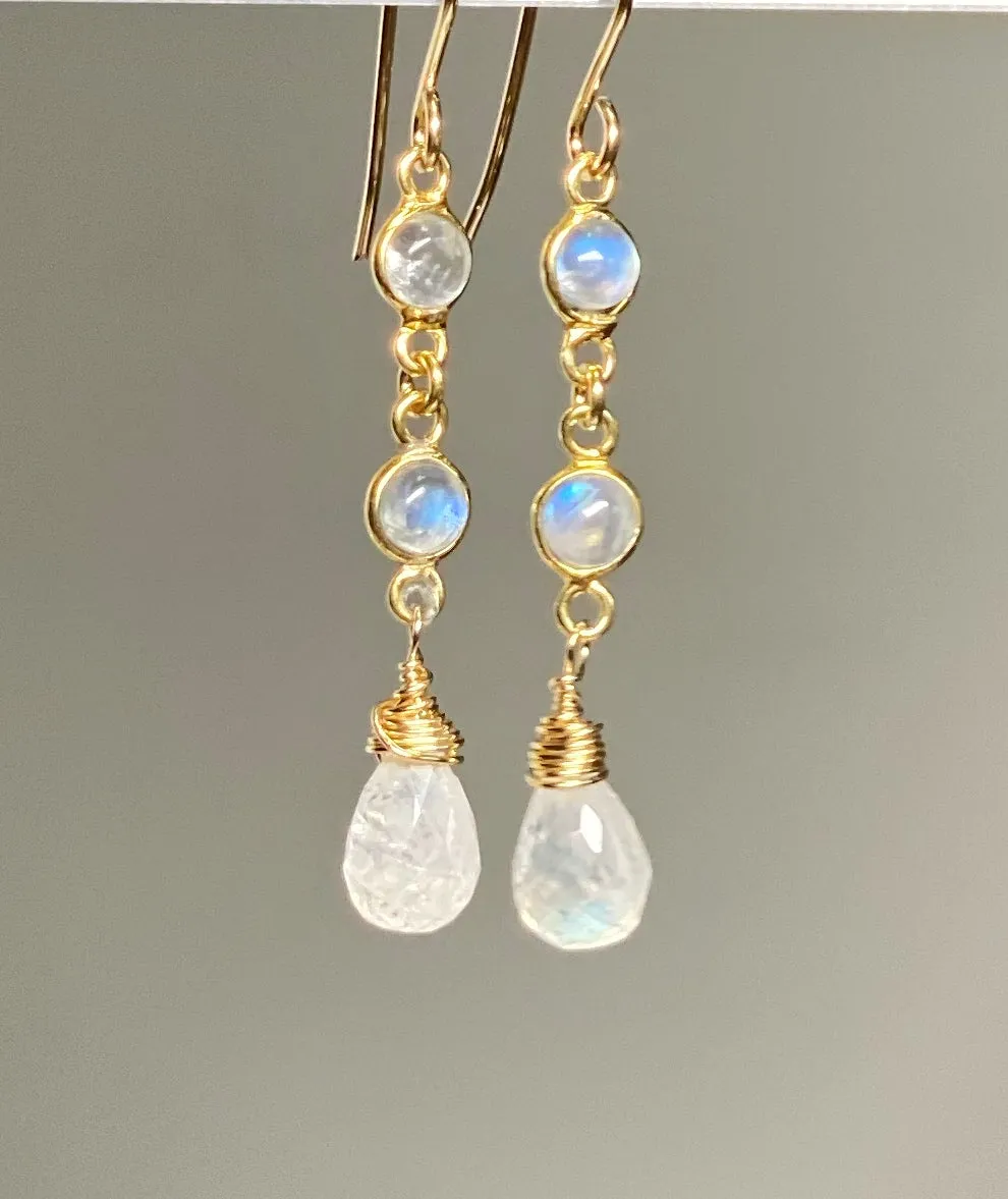 Rainbow Moonstone Double Dangle Earrings Gold Fill
