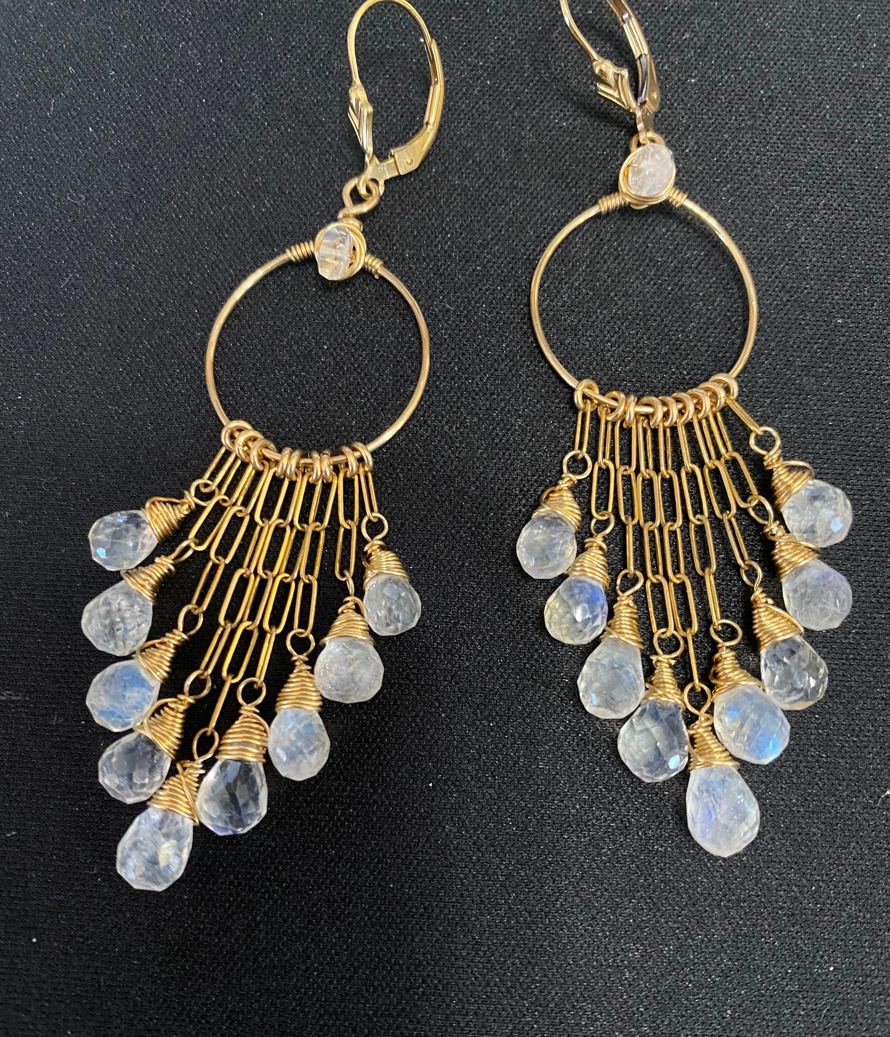 Rainbow Moonstone Gold Hoop Chandelier Earrings